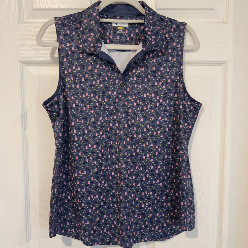 Greg Norman Womens PlayDry Sleeveless Polo Shirt Navy Cocktail Martini Print L